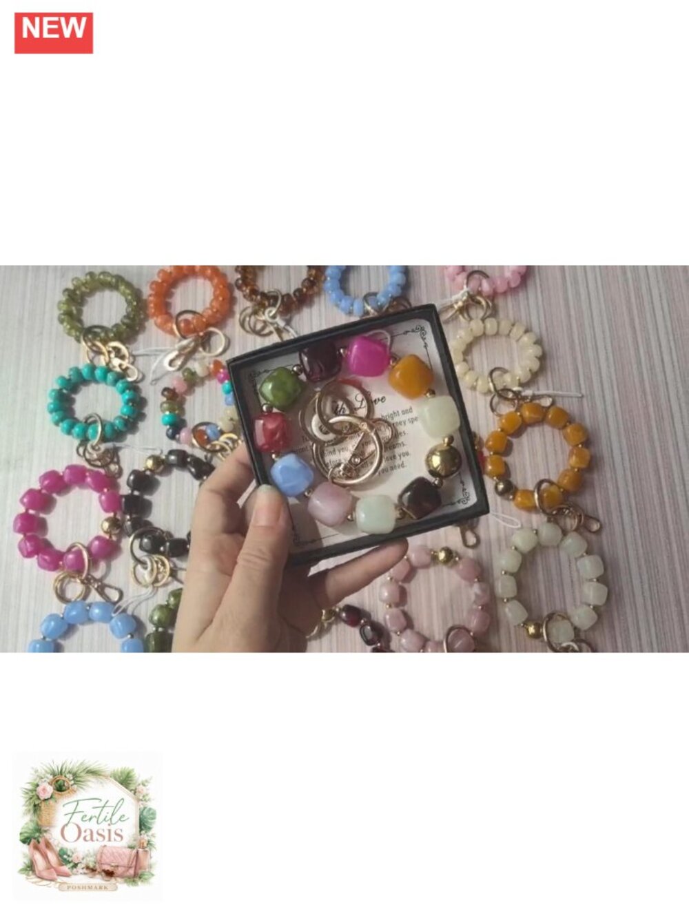 Beaded Wrist Keychain Bracelet - Acrylic, Hands-Free Key Holder, Boho Style - Picture 6 of 6